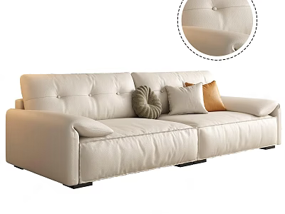 Cream Leather Two Seater Sofa with Gray Cream and Orange Pillows and Exquisite Stitching Detail 3d model