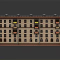 Multi Storey Residential Building With Red Brick Exterior And Colorful Balcony Awnings