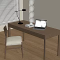 Wooden Desk with Laptop Books Table Lamp and Chair Near Window Blinds