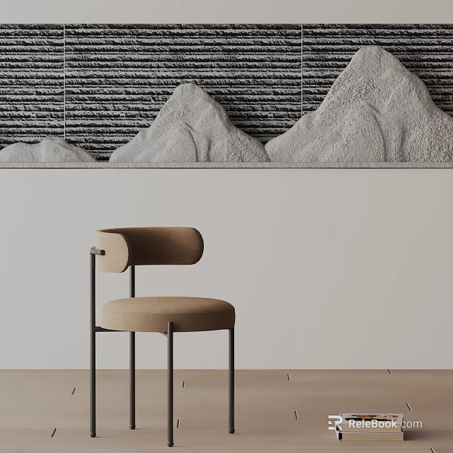 Modern Dining Chair With Beige Fabric Seat Black Metal Legs Against Mountain Textured Gray Wall 3d model 