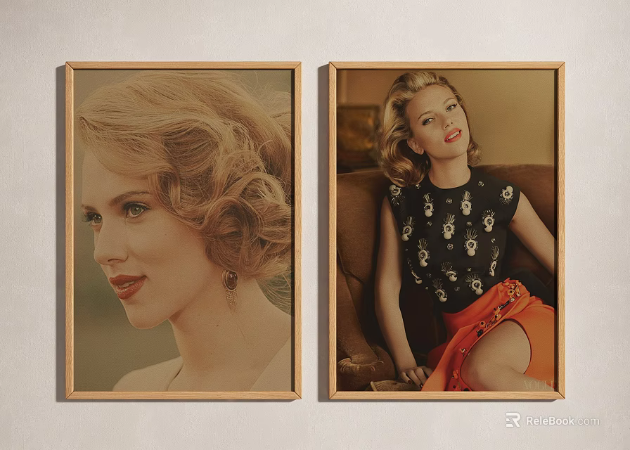 Two Framed Blonde Woman Portraits With Side Profile Seated Pose Floral Top And Orange Skirt 3d model 