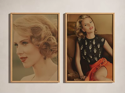 Two Framed Blonde Woman Portraits With Side Profile Seated Pose Floral Top And Orange Skirt 3d model