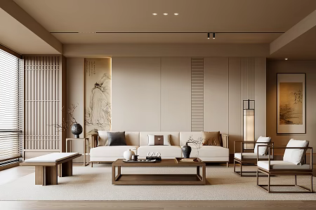 New Chinese Style Song Style Living Room New Chinese Style Living Room Solid Wood Sofa Coffee Table Sofa Background Wall No Main Light Living Room New Chinese Style Picture Three-Person Sofa Single Person Sofa 3d model