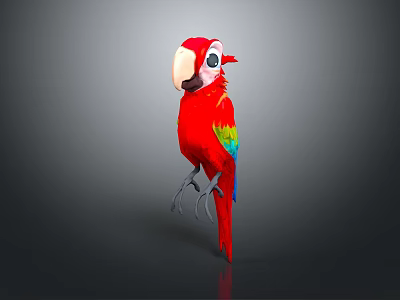 Vibrant Red Parrot with Colorful Blue and Green Wings Standing Isolated on Gray Background 3d model