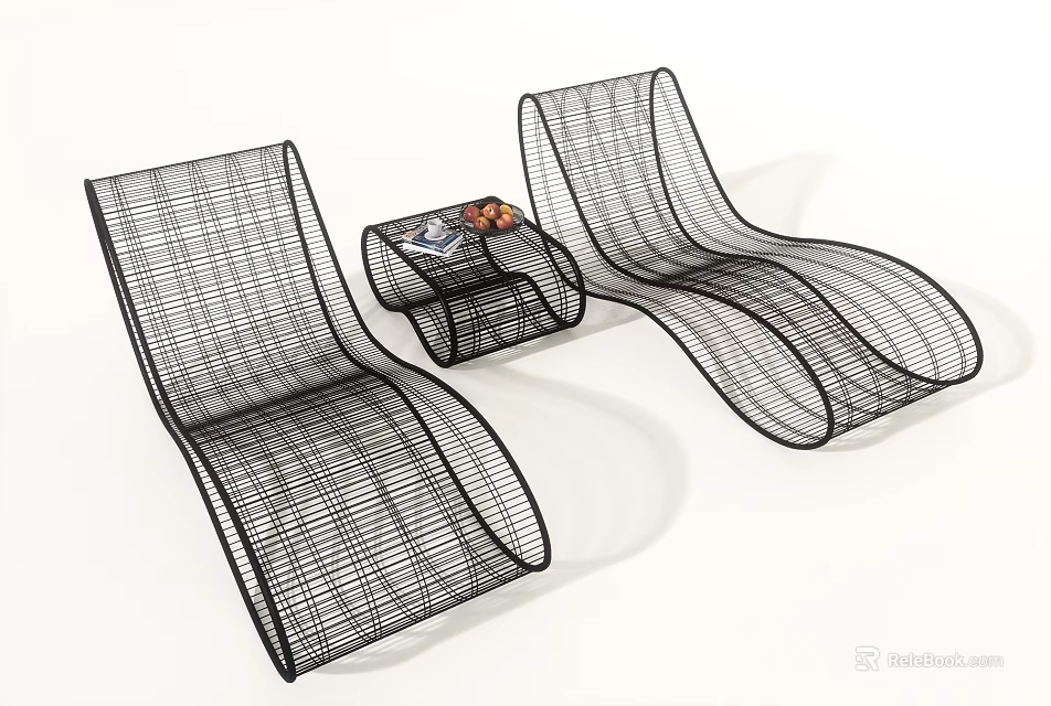 Black Wire Mesh Lounge Chairs With Small Table And Fruit On White Background 3d model 