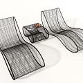 Black Wire Mesh Lounge Chairs With Small Table And Fruit On White Background 3d model
