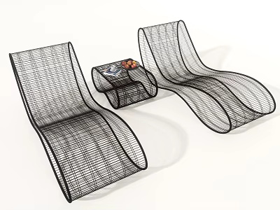 Black Wire Mesh Lounge Chairs With Small Table And Fruit On White Background 3d model