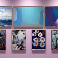 Abstract Painting With Blue White Clouds Deep Blue Ocean And Sailboat Silhouettes On Pink Wall