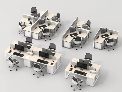 Modern Office Workspace With Multiple Desks Computers Office Chairs And Partition Dividers 3d model
