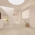Modern Retail Store Interior With White Shelves Wooden Stools Green Plants Round Ceiling Lights And Display Island