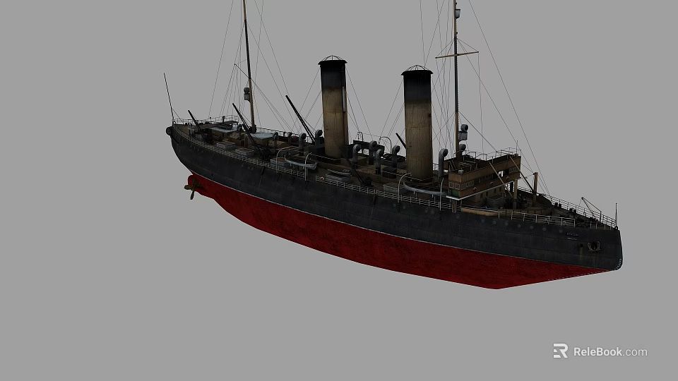 Vintage Steamship With Two Chimneys And Black Red Hull Structure 3d model 