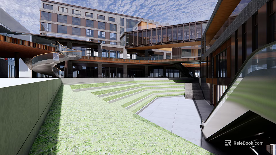 Modern Commercial Street Urban Design With Multistory Buildings Open Courtyard And Green Terraced Lawn 3d model 