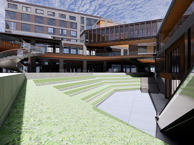 Modern Commercial Street Urban Design With Multistory Buildings Open Courtyard And Green Terraced Lawn 3d model
