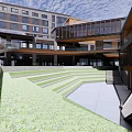 Modern Commercial Street Urban Design With Multistory Buildings Open Courtyard And Green Terraced Lawn