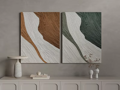 Two Abstract Textured Paintings With Brown And Green Accents On Wall 3d model
