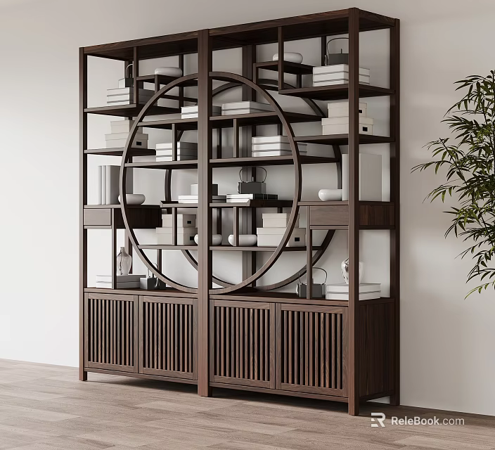 Traditional Wooden Chinese Display Shelf With Circular Design And Decorative Storage Items 3d model 