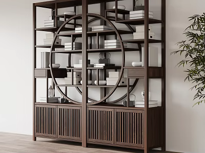 Traditional Wooden Chinese Display Shelf With Circular Design And Decorative Storage Items 3d model