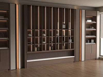 Modern Wooden Display Cabinet Interior With LED Strip Lighting Multi Layer Shelves And Decorative Ornaments 3d model