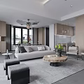 Modern Living Dining Room With Gray Sofa Round Coffee Table And Large Windows
