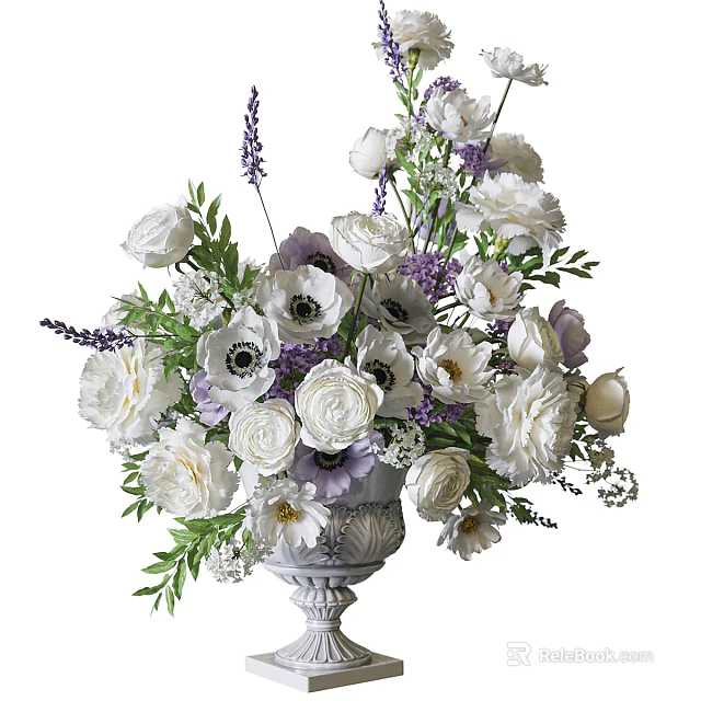 Elegant White Ceramic Vase With White And Purple Flowers And Green Leaves 3d model 