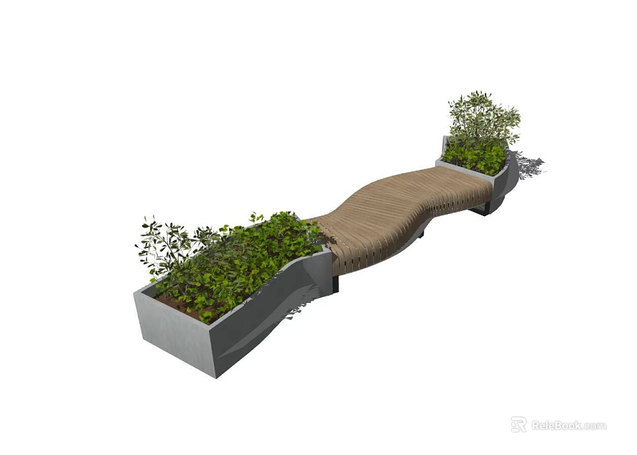 Modern Curved Outdoor Bench With Wooden Seat And Green Plant Planters 3d model 