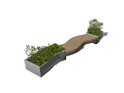 Modern Curved Outdoor Bench With Wooden Seat And Green Plant Planters 3d model