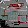 Modern Exhibition Booth With White Red Design Glass Display Cabinets Striped Awning And Reflective Floor