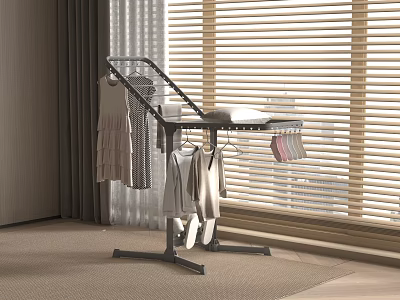 Sturdy Modern Clothes Rack With Hanging Clothes Near Window Blinds And Curtains On Carpet 3d model