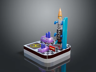 Toy Rocket Launch Pad Model With Black Rocket TNT Lettering Purple Cars And Square Base 3d model