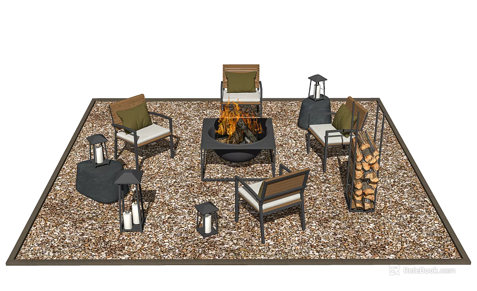 Outdoor Fire Pit Setup With Surrounding Chairs Lanterns and Wood Stack 3d model