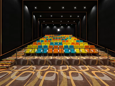 Modern Cinema Interior With Colorful Seats Black Walls Ceiling Lights And Patterned Carpet 3d model