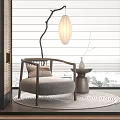 Modern Single Sofa With Wooden Frame Gray Cushion Floor Lamp And Side Table By Window
