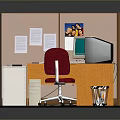 Office Cubicle Furniture Setup With Wooden Desk Red Chair And Filing Cabinet