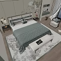 Elegant Modern Bedroom With Green Bedding Rug Window Chair Nightstand Lamp And Landscape Painting