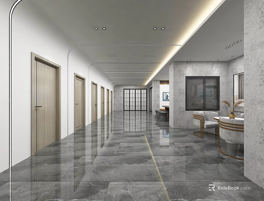 Modern Kitchen Specialty Store Interior With Open Design Cabinets Marble Island And Appliances 3d model 