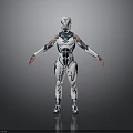 Futuristic Mechanical Character In White Blue Armor With Detailed Design Standing