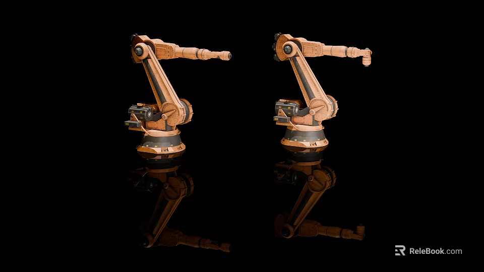 Two Copper Colored Robotic Arms On Black Background With Reflections 3d model 