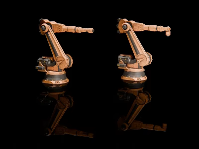 Two Copper Colored Robotic Arms On Black Background With Reflections 3d model