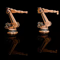 Two Copper Colored Robotic Arms On Black Background With Reflections