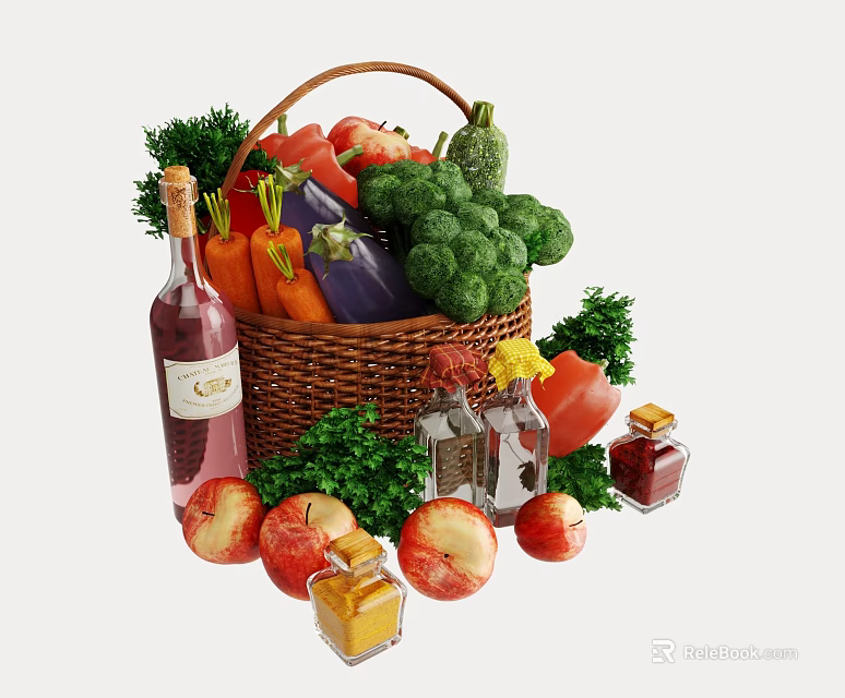 Fresh Apples and Assorted Fruits in Wicker Basket with Vegetables Wine Bottle and Glass Jars 3d model 