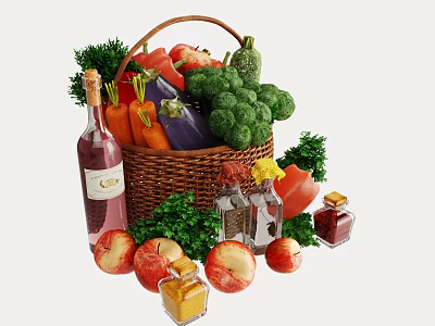 Fresh Apples and Assorted Fruits in Wicker Basket with Vegetables Wine Bottle and Glass Jars 3d model