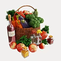 Fresh Apples and Assorted Fruits in Wicker Basket with Vegetables Wine Bottle and Glass Jars
