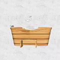 Natural Wooden Freestanding Bathtub With Modern Faucet And White Wall Background