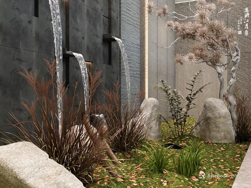 Natural Indoor Landscape With Waterfalls Gray Stone Wall Rocks Dry Grass And Fallen Leaves 3d model 