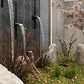 Natural Indoor Landscape With Waterfalls Gray Stone Wall Rocks Dry Grass And Fallen Leaves