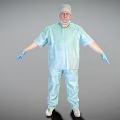 Man in Light Blue Protective Suit White Cap Mask Blue Gloves Standing with Arms Outstretched