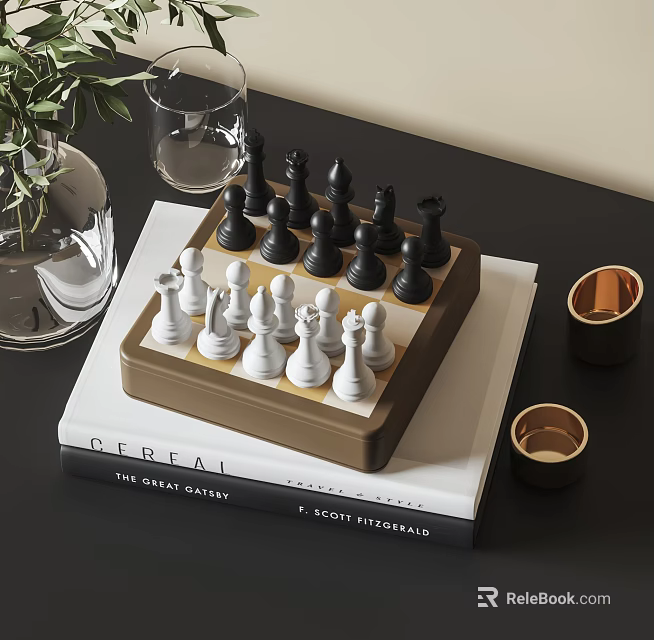 Chess Set Placed On Books With Glassware And Plant 3d model 