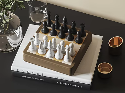 Chess Set Placed On Books With Glassware And Plant 3d model