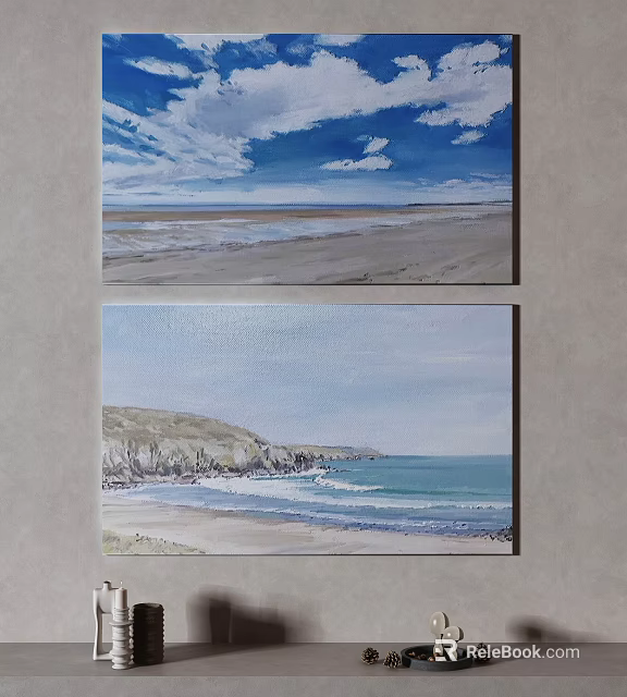 Abstract Painting Featuring Coastal Beach Landscape with Sky Ocean Waves and Rocks 3d model 