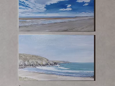 Abstract Painting Featuring Coastal Beach Landscape with Sky Ocean Waves and Rocks 3d model